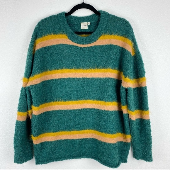 MOUSSY Striped Boucle Sweater, Green, Yellow, Tan - Picture 1 of 5
